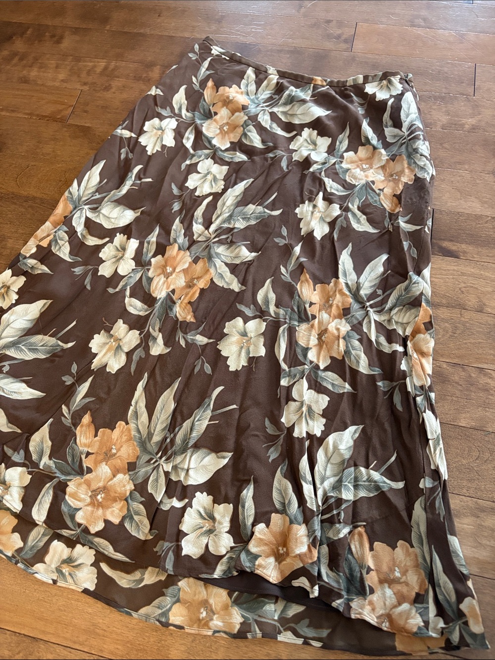 Vintage Silk Jones New York Brown Floral Midi Skirt with Cream and Peach Blooms